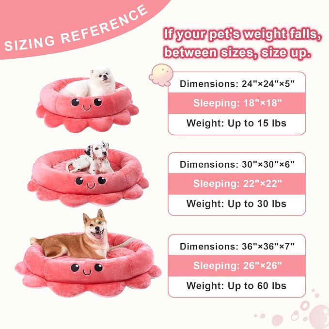 Jiupety Cute Calming Dog Beds Clearance for Large Dogs, Anxiety Bolster Dog Bed with Octopus Shape, Pink, Red, Boho, Round Pet Bed Cat with Removable Cushion