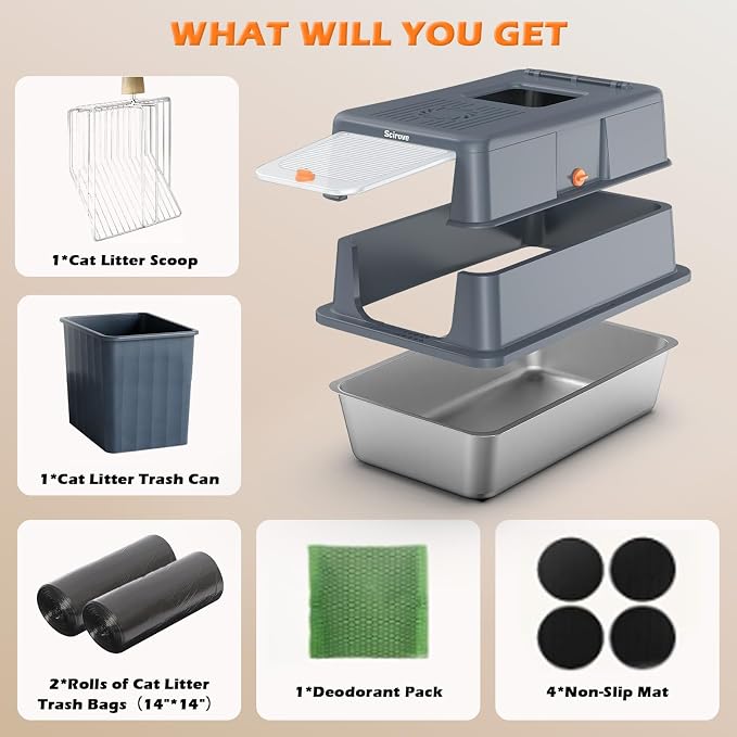 Stainless Steel Litter Box with Lid, Extra Large Litter Box Enclosed Top Entry Metal Litterbox for Big Cats Easy Cleaning Anti-Leakage & High Sided Grey