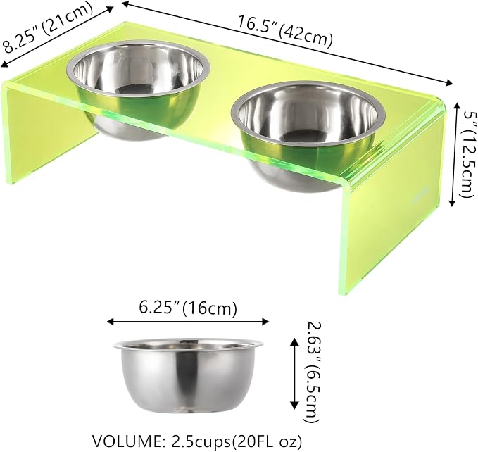 DBL2000G Keaton 5" Small/Medium Modern Acrylic Rectangular Elevated Pet Feeder with 20oz 2-Stainless Steel Bowls, Green/Chrome