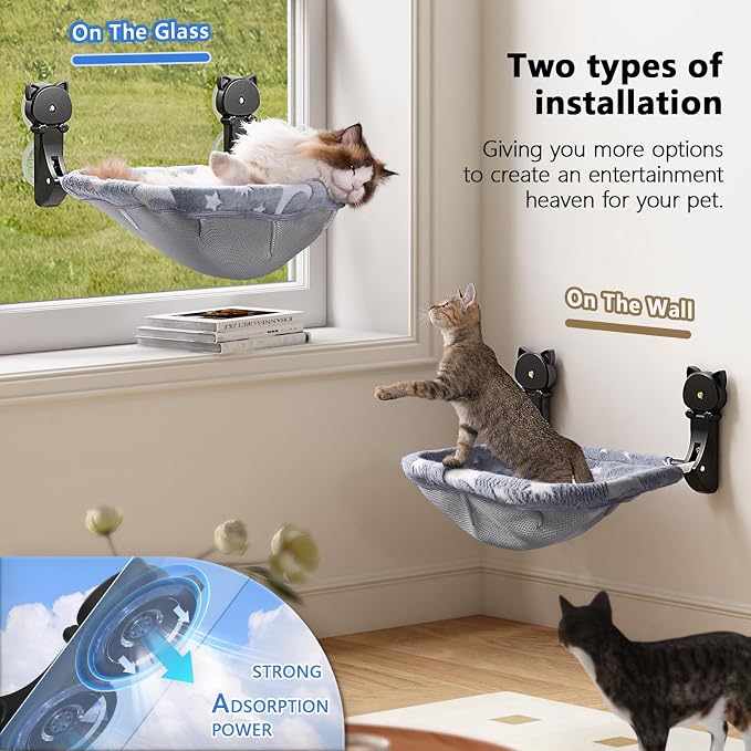 JUNSPOW Cat Window Perch Cordless, Glow in The Dark & Stable Cat Beds- Breathable Window Hammock for Overlooking, Sunbathing and Climbing - Maximum Hold Up to 40lb(Grey)