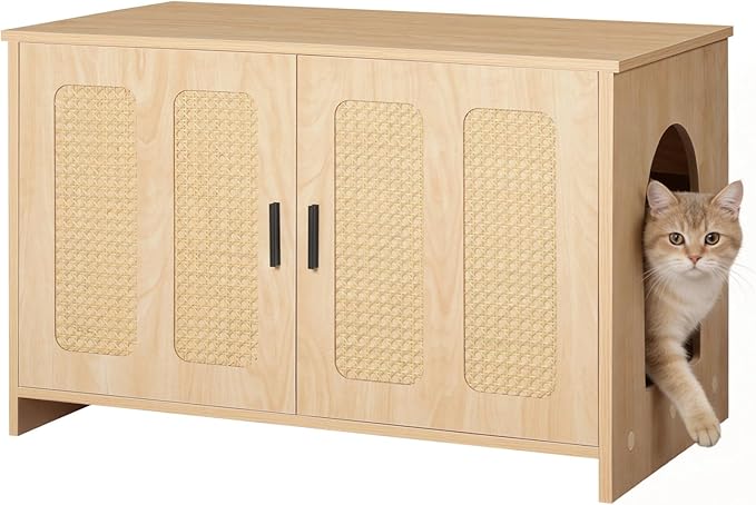 HOOBRO Farmhouse Cat Litter Box Enclosure, Hidden Litter Box Furniture with Side Entry & Vents, Litter Box Cabinet with Double Woven Doors, Side Table for Living Room, Bedroom, Natural NL33MW01