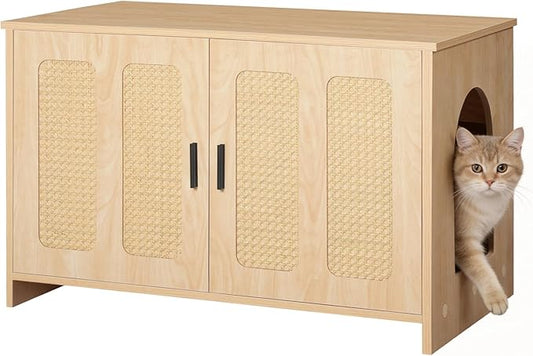 HOOBRO Farmhouse Cat Litter Box Enclosure, Hidden Litter Box Furniture with Side Entry & Vents, Litter Box Cabinet with Double Woven Doors, Side Table for Living Room, Bedroom, Natural NL33MW01