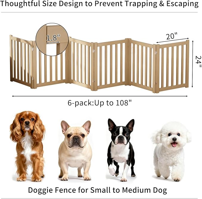 6-Panel Solid Wood Dog Gate - Freestanding Folding Pet Gate for Doorways, Stairs, Indoor, 24" Height, No Installation Needed, Natural Wood