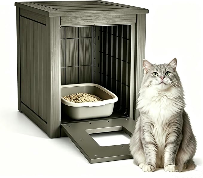 Cat Litter Box Enclosure, Weatherproof Multi-Use Resin Hidden Litter Cabinet, Indoor Outdoor Anti-Scratch Pet Litter Box Furniture, Tool-Free Assembly & Easy Clean, Gray