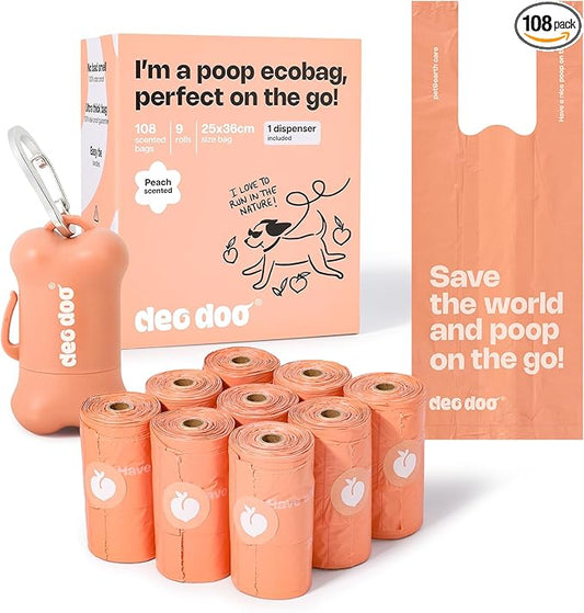 Deo Doo Dog Poop Bags with Handles 9 Rolls 108 Counts Big Sizes Leak Proof and Extra Thick Waste Bags Refill Rolls for Walking Small Medium Large Dogs Cats Litter With Holder Peach Scented