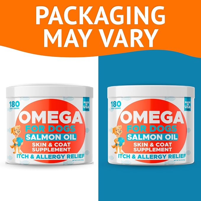 Omega 3 Fish Oil for Dogs (180Ct) - Skin&Coat Chews - Dry & Itchy Skin Relief + Allergy Support - Shiny Coat - EPA&DHA Fatty Acids - Salmon Oil Chews Promotes Heart - Peanut