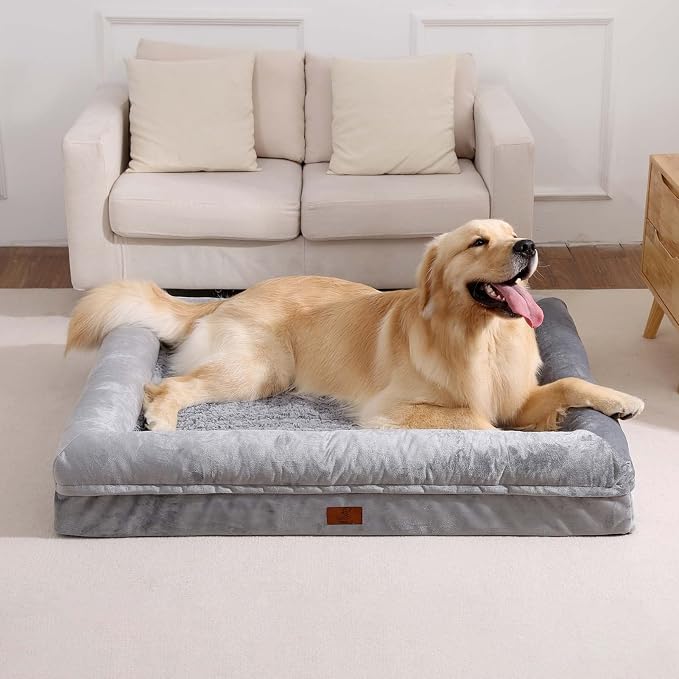 Large Orthopedic Dog Bed for Large Dogs, Waterproof Dog Bed with Removable Washable Cover, 4-Sides Removable Bolster Soft Pet Couch Sofa with Non-Slip Bottom for Big Dogs, Gray