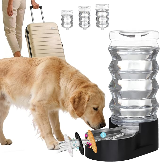 RIZZARI Black 9L Dog Water Dispenser with Stainless Steel Bowl - Advanced Filter for Urinary Health, Auto Gravity Flow, Spill-Resistant with Waterproof Mat, for Multi-Dog Homes & Garage/Balcony