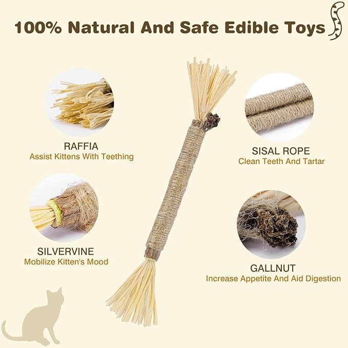 Silvervine Sticks for Cats - Cat Chew Toy for Teeth Cleaning, Edible Matatabi Kitty Chew Sticks, Catnip Cat Toys for Indoor Cats (4, Grey)