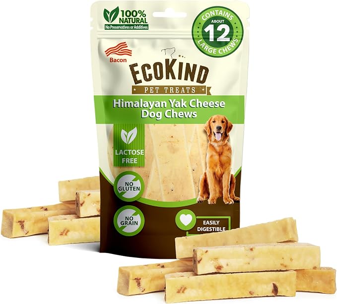 EcoKind Yak Cheese Himalayan Dog Chews, Yak Chews for Large Dogs, Long Lasting Bone for Aggressive Chewers, 4 Ingredients, Natural High Protein Treats, No Additives, Bacon, Large - 12+ Chews (3 lbs)