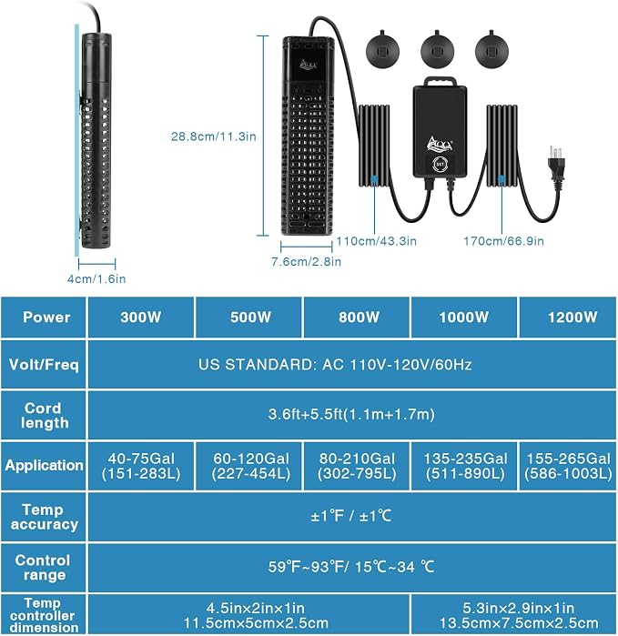 AQQA Aquarium Heater,300W 500W 800W 1000W 1200W Fish Tank Heater,59℉-93℉ Submersible Intelligence Aquarium Heater with Over-Temperature Dry Burning Protection 1200W to 155-265 Gallon