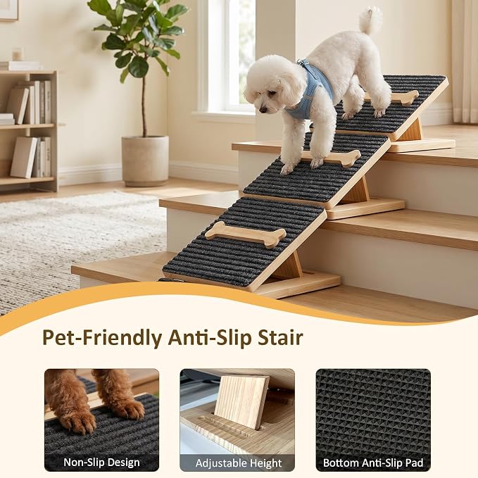 Dog Ramp for Stairs 4 Pack – Foldable Anti-Slip Wooden Pet Steps for Small Dogs, Adjustable Low-Angle Wedge Stair Ramp for Senior, Short-Legged & Injured Pets