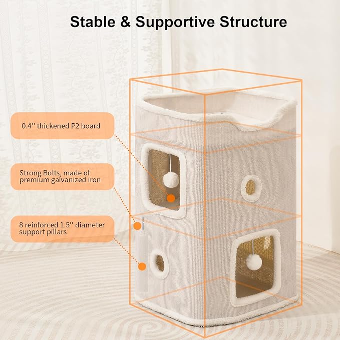 Cat House, Cat Beds for Indoor Cats, 2-Story Cat Condo Cube with Scratch Pad and Fluffy Ball Hanging, Multi-Level Cozy Hideout Center Ideal for Small/Medium Cats