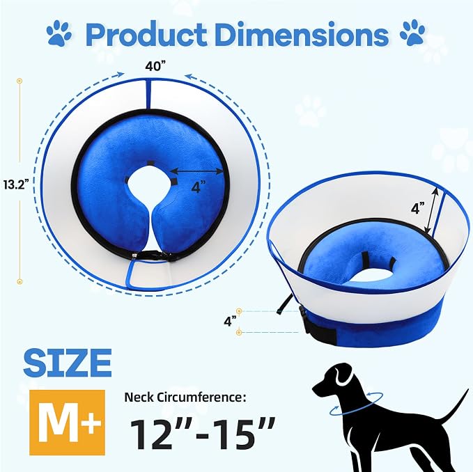 2-in-1 Inflatable Dog Cone Collar with Detachable Anti-Licking Shield, Soft Adjustable Elizabethan Collar for Dogs After Surgery (M+, Blue)