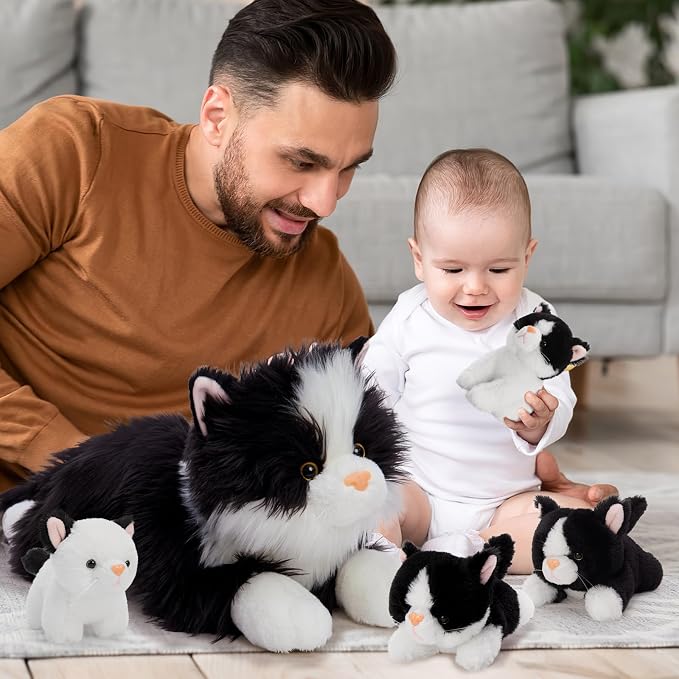 Tezituor 5Pcs Cat Stuffed Animals Set, 20 inch Large Realistic Stuffed Cat with 4 Cute Kittens Baby, Soft Black and White Ragdoll Plush Body Pillow for Boys Girls