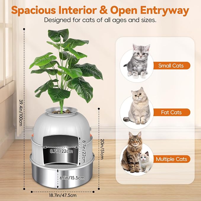 Hidden Cat Litter Box Enclosure with Artificial Plant, Stainless Steel Litter Box Furniture, Decorative Round Planter Includes Scoop, Pebbles, Carbon Filter, Easy to Clean (Light Grey)