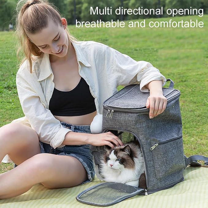 Cat &Dog Carrier Backpack, Pet Carrier with Sun Shade & Full Front Opening, Breathable Mesh Backpack for Small Dogs & Medium Cats Up to 18 Lbs, for Traveling, Hiking, Camping (Grey)