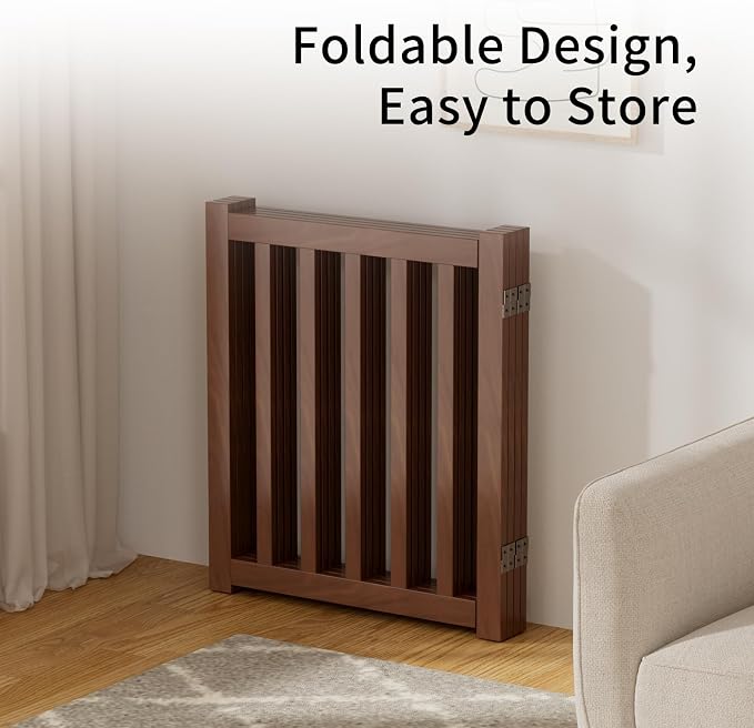 4-Panel Solid Wood Dog Gate - Freestanding Folding Pet Gate for Doorways, Stairs, Indoor, 24" Height, No Installation Needed, Walnut