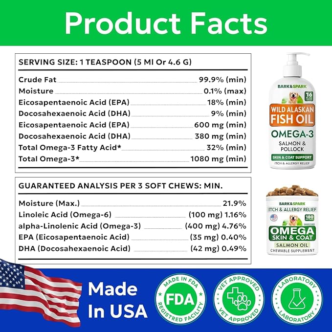 BARK&SPARK Omega 3 + Fish Oil for Dogs - Skin Allergy Chews, Itch Relief, Hot Spots Treatment - Fish Oil Liquid Supplement for Pets, EPA+DHA Fatty Acids, Skin & Coat Support - Bundle: 180 Ct + 16 Oz