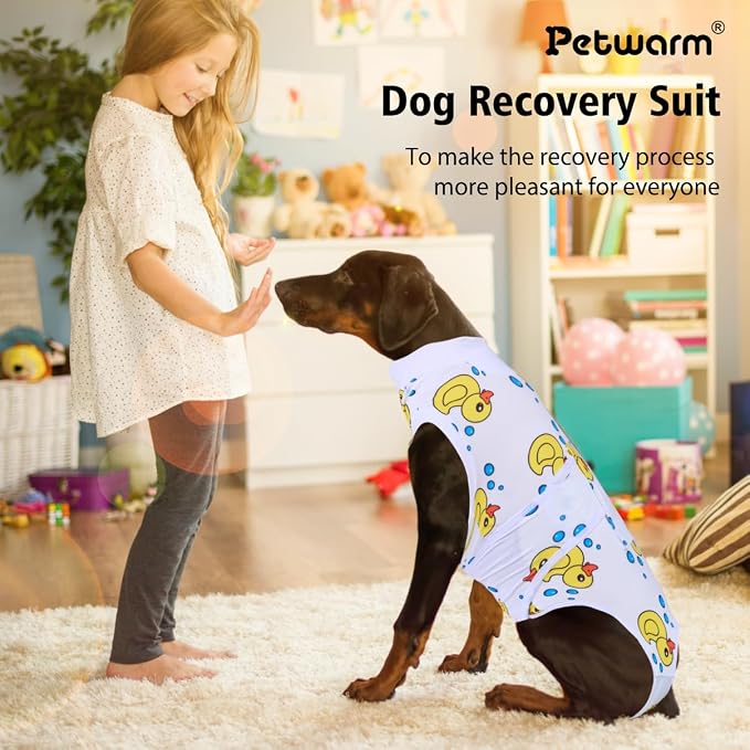 PetWarm Dog Recovery Suit After Surgery, Recovery Suit for Female Male Dogs, Dog Bodysuit for Abdominal Affected Areas Sensitive Skin Areas Substitute E-Collar and Cone, Duck Pattern, White, 2XL