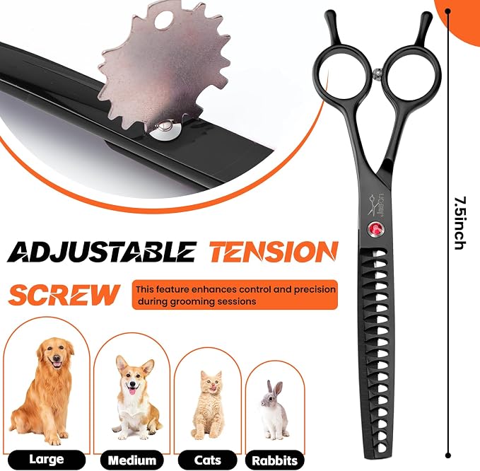 JASON 7" Dog Grooming Scissor - Professional Thinning Chunker Shear with 18 Teeth Japanese Stainless Steel Hair Scissors for Dogs, Cats and Other Pets (Chunker, Black) Christmas Gift
