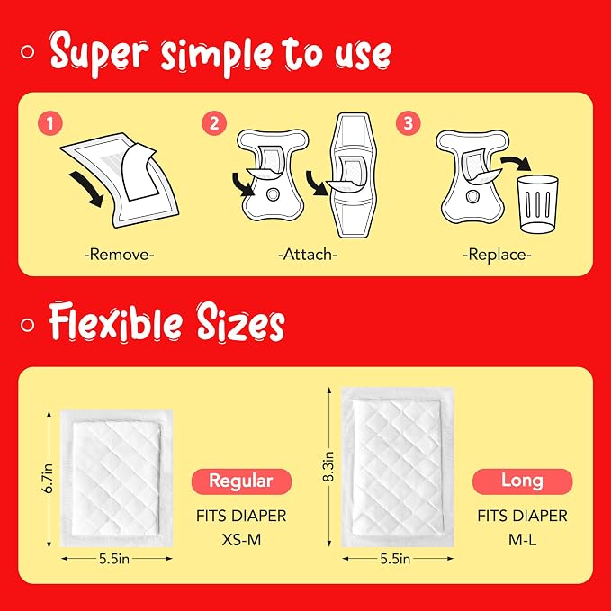 Disposable Dog Diaper Liners Booster Pads for Male & Female Dogs - 100ct | Diaper Inserts fit Most Washable Dog Wraps and Belly Bands,Regular