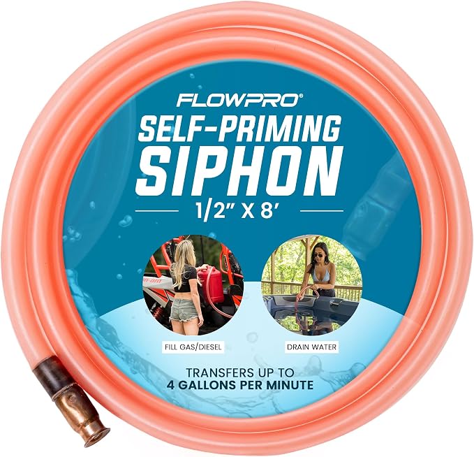 1/2” x 8’ Self-Priming Shaker Jiggler Siphon Hose, FlowPro Siphon Gas & Fuel Transfer Pump, Gas Can Siphon for Boats, Jet Ski, Pontoon. Water Siphon Pump for Hot Tub Drain and Cold Plunge | 4 GPM