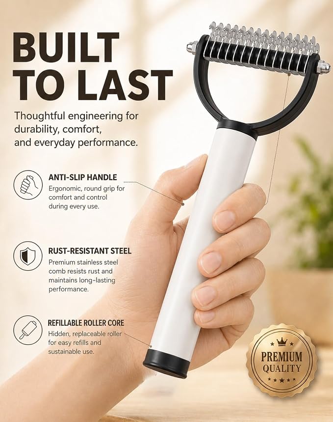 2 in 1 Pet Dematting Comb & Integrated Lint Roller, Stainless Steel Undercoat Rake for Dogs & Cats, Painless Tangle & Mat Remover, Extra Wide Grooming Tool for Long-Haired Breeds (Brown)