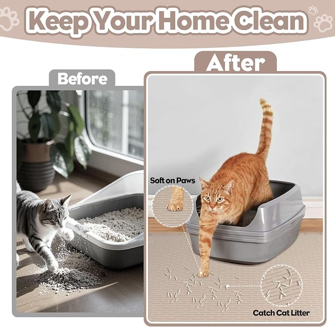 Cat Litter Mat, Extra Large 34" x 22" Silicone Mat Litter Trapping Mat for Scatter Control, Soft on Kitty Paws, Easy to Clean (Beige)