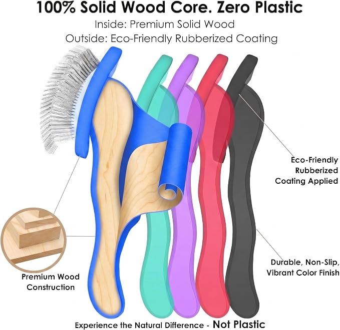 Large Slicker Brush for Dogs - 3-Piece Solid Wood Dog Grooming Kit for Doodles and Poodles - for Wavy, Curly & Matted Hair, Blue