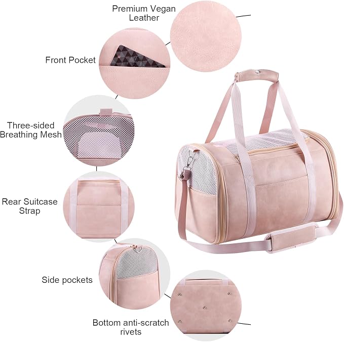Lasaviin Fashion Leather Dog Carrier Cat Carrier Airline Approved Pet Carrier for Small Medium Dogs Cats Under 15Lbs, Collapsible Soft Sided Travel Puppy Carrier Pink
