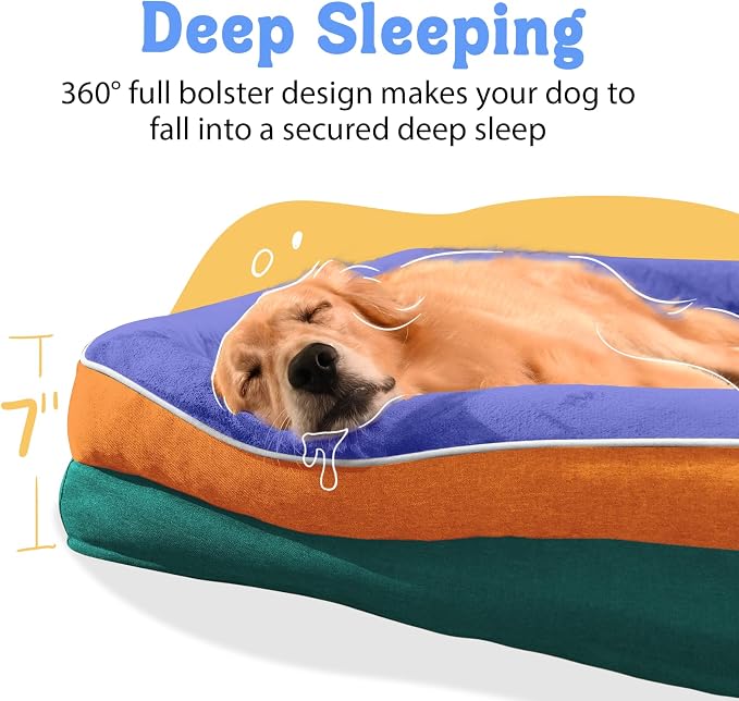 Chez Paw XXL Orthopedic Dog Bed for Extra Large Dogs, Extra Thick Egg-Crate Foam Waterproof Pet Couch with Removable Washable Cover, 4-Sided Bolster & Non-Slip Bottom, Navy Orange 45"x35"x7.5"