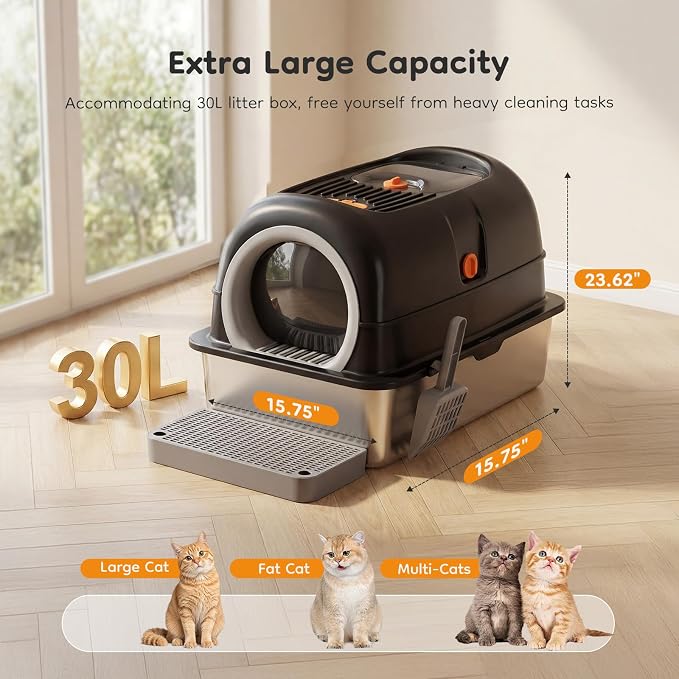 Extra Large Cat Litter Box with Lid, Stainless Steel Litter Box for Big Cats, Enclosed High Sided Kitty Pan with Scoop & Mat, Front & Top Entry with Door, Black