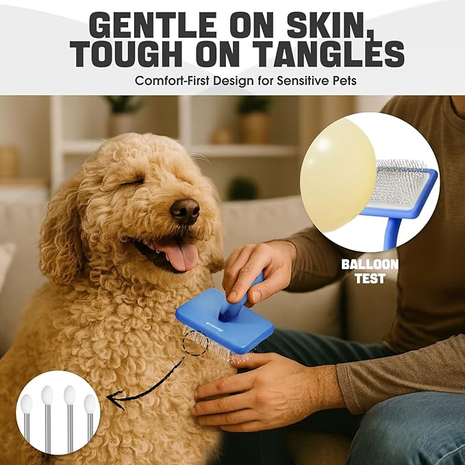 Bonteck Dog Slicker Brush for Dogs Grooming Kit 5PCS | Large Dog Brush for Goldendoodles Poodles Doodles | Long Pin Haired Brush | Poodle Brushes and Comb (Blue)