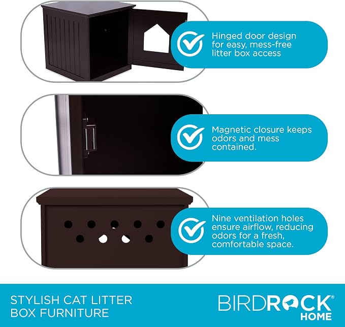 BIRDROCK HOME Cat Litter Box Furniture Enclosure - Hidden Kitty Litter Cat House with Hinged Door, Nightstand, Side Table & Pet Crate, Indoor & Outdoor Wood Cabinet for Small Cats and Dogs - Espresso