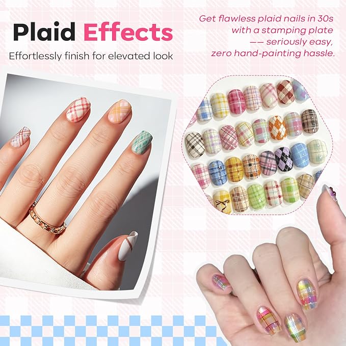 Modelones 16PCS Plaid Nail Stamping Kit – French Tip Stamper White Black Painting Gel Polish Chrome Powder Proof Matte Gel Top Coat Gingham Template Dual Nail Art Brush Summer Manicure Gift for Women