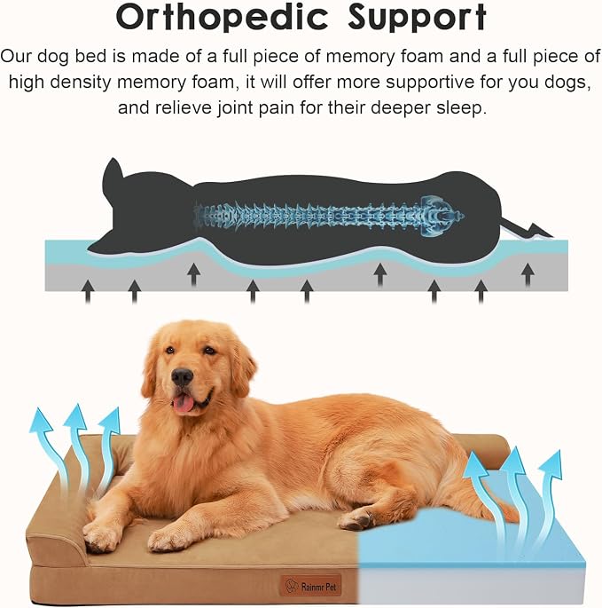 Rainmr Orthopedic Dog Bed for Large Dogs, 41"x27"x6" Memory Foam Pet Bed with Washable Microsuede Cover, TPU Waterproof Liner & Nonskid Bottom, for Indoor, Outdoor, Crate ＆ Car Use, Khaki