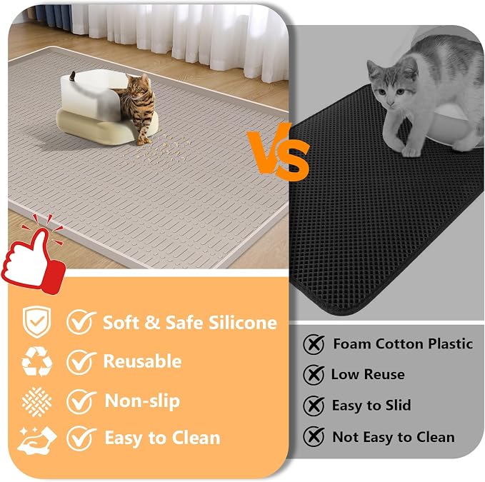 Silicone Cat Litter Mat, 47" x 35" Extra Large Litter Trapping Mat for Litter Box, Leak-Proof, Non-Slip, Kitty Litter Mats with Soft Texture for Floor, Keeping The Floor Clean (Khaki)