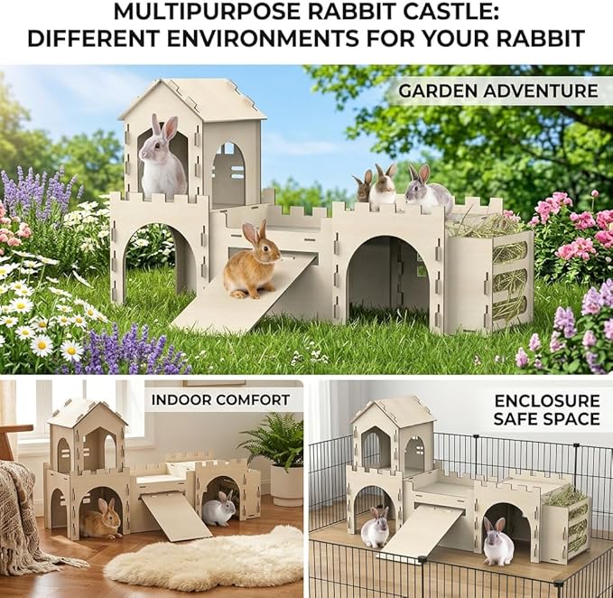 Large Bunny House and Hideouts, Wooden Dual-Layer Rabbit Castle with Stair, Rubber Band-Free Setup - chew-Proof, Sturdy Habitat for Guinea Pig Chinchilla Ferret (Rabbit House with Hay Feeder)
