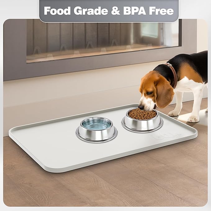 Silicone Dog & Cat Food Mat with Raised Edge, 20"x14" Extra Thick Waterproof Non-Slip Pet Feeding for Food and Water Bowls, Spill Proof Mat to Protect Floors, BPA Free Dishwasher-Safe,Sand White