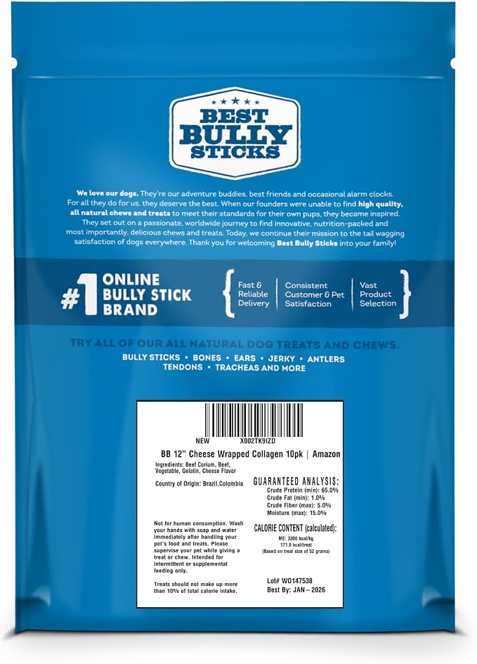 Best Bully Sticks Cheese Wrapped Beef Collagen Sticks - 12 Inch 10 Count (Pack of 1) - All-Natural, USA Baked and Packed, Easily Digestible, Limited Ingredient, Rawhide Alternative