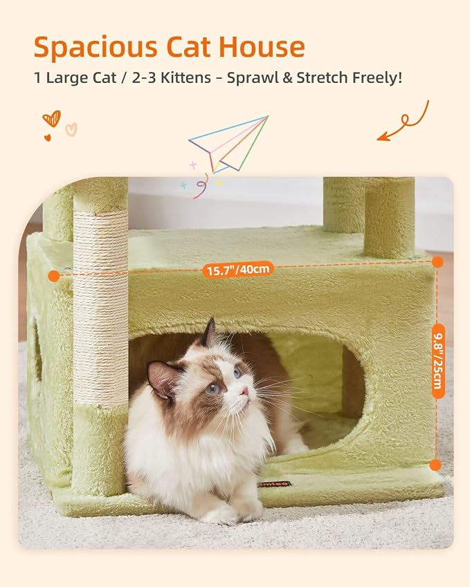 Taoqimiao Cat Tree,38.5-Inch Cat Tower for Indoor Cats,Suitable for Kittens with Luxurious cat condo with Adjustable Baskets and Luxurious Perch MS029SGB Green and Beige