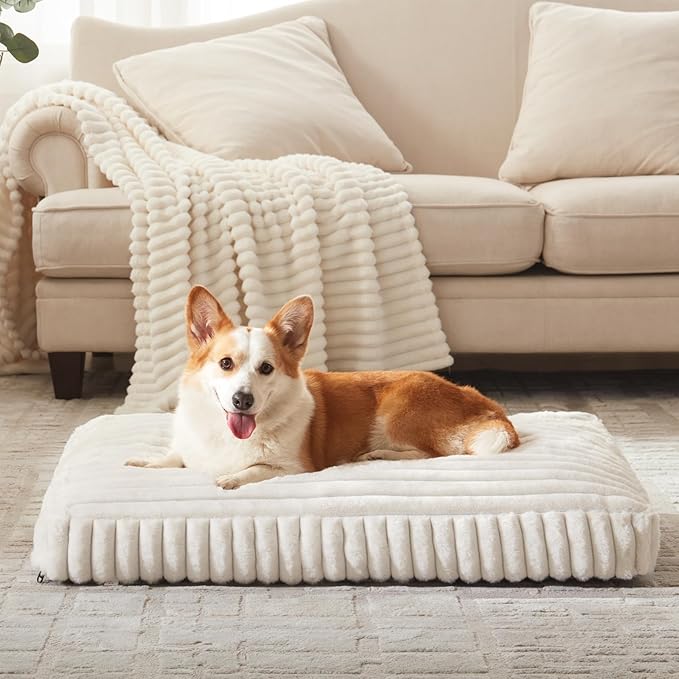 Dog Bed for Large Dogs, Orthopedic Dog Beds Washable with Removable Cover, Extra Thick Crate Bed Pet Mat with Shredded Chopped Foam & Anti-Slip Bottom, 35"x23"x4", Cream