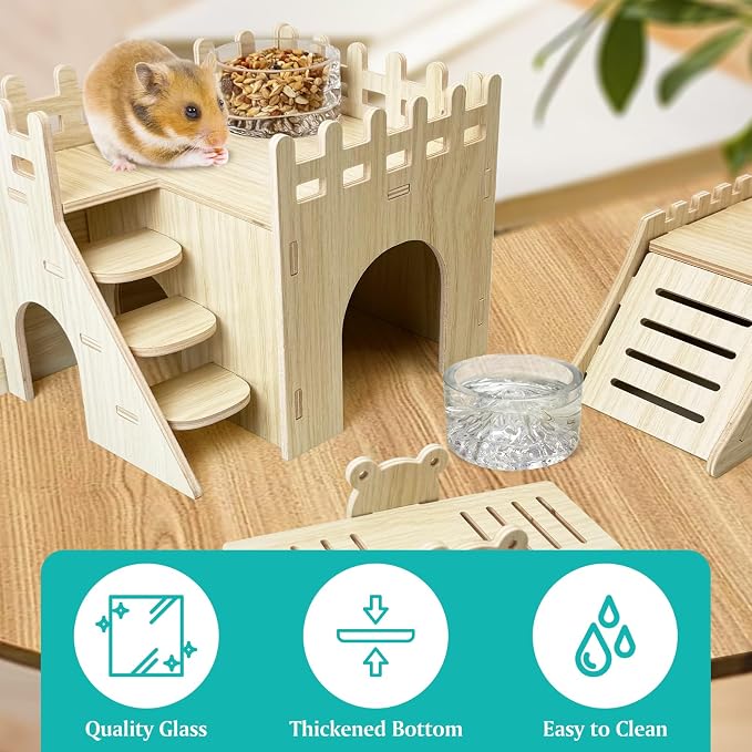 BNOSDM Rabbit Grinding Claw Pads Natural Hamster Lava Stone and Transparent Hamster Food and Water Bowl Mountain Fuji Style Glass for Hamsters Gerbils Mice Rats or Other Similar-Sized Pets