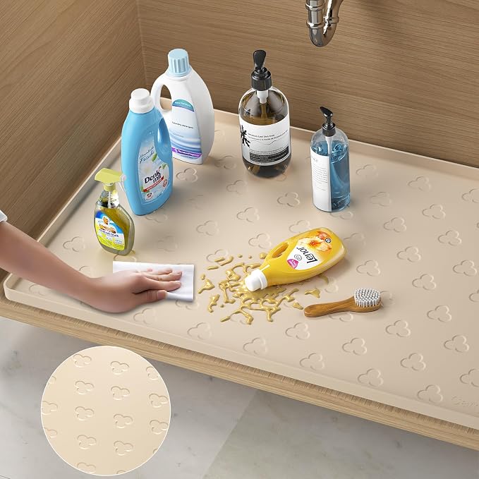 Under Sink Mat- 34" x 22" Waterproof Kitchen Cabinet Mat - Flexible Silicone Under Sink Liner - Kitchen Bathroom Cabinet Mat and Protector for Drips Leaks Spills (Beige)