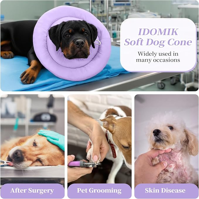 IDOMIK Dog Cone,Waterproof Dog Recovery Collars & Cones,Comfy Protective Pet Neck Donut Collar After Surgery,Soft Cone for Dogs to Stop Licking,Adjustable Elizabethan Collar for Dogs & Cats,Purple,L