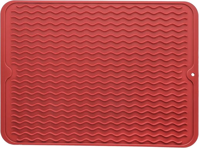 MicoYang Silicone Dish Drying Mat — Quick-Dry Ridges Counter & Sink Pad, Heat-Resistant Trivet to 450°F, Non-Slip & Dishwasher Safe, Roll-Up Storage, 18 Colors & 9 Sizes (Red, 16"×12")