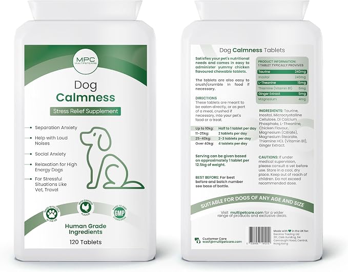 Calming Chews for Dogs – Daily Anxiety & Hyperactivity Support | L-Theanine, Taurine, Magnesium & Ginger | For Separation, Storms, Fireworks & Travel | Chicken Flavor Tablets | UK GMP | 120 Ct