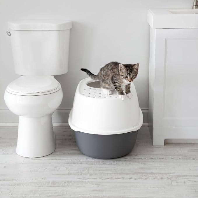 IRIS USA Extra Large Litter Box with Lid, Top Entry, Jumbo Enclosed Covered Litter Box for Large Cats, 19" L x 29" W x 15" H, Dog-Proof 4-Buckle Design, Reduced Tracking Lid, Gray/White