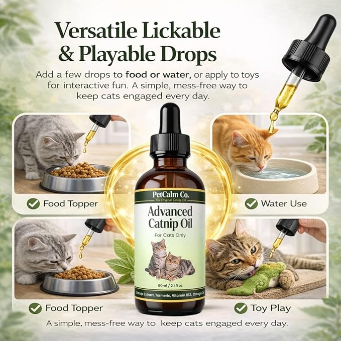 Advanced Catnip Oil for Cats - Lickable & Playable Formula to Promote Calm Behavior and Relaxation - Potent Liquid Extract for Food, Toys & Training - 2 fl oz,60ml
